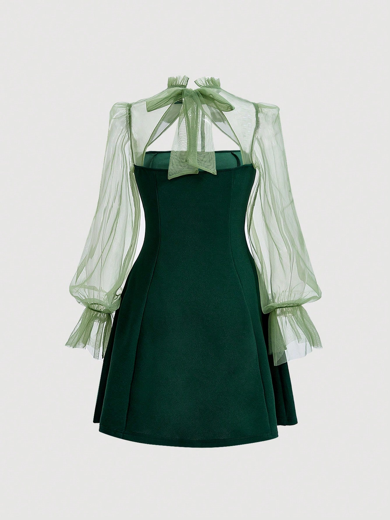 Black Long Sleeve Dress with Contrast Mesh Detail Flare Sleeves Tie Neck and High Collar Design