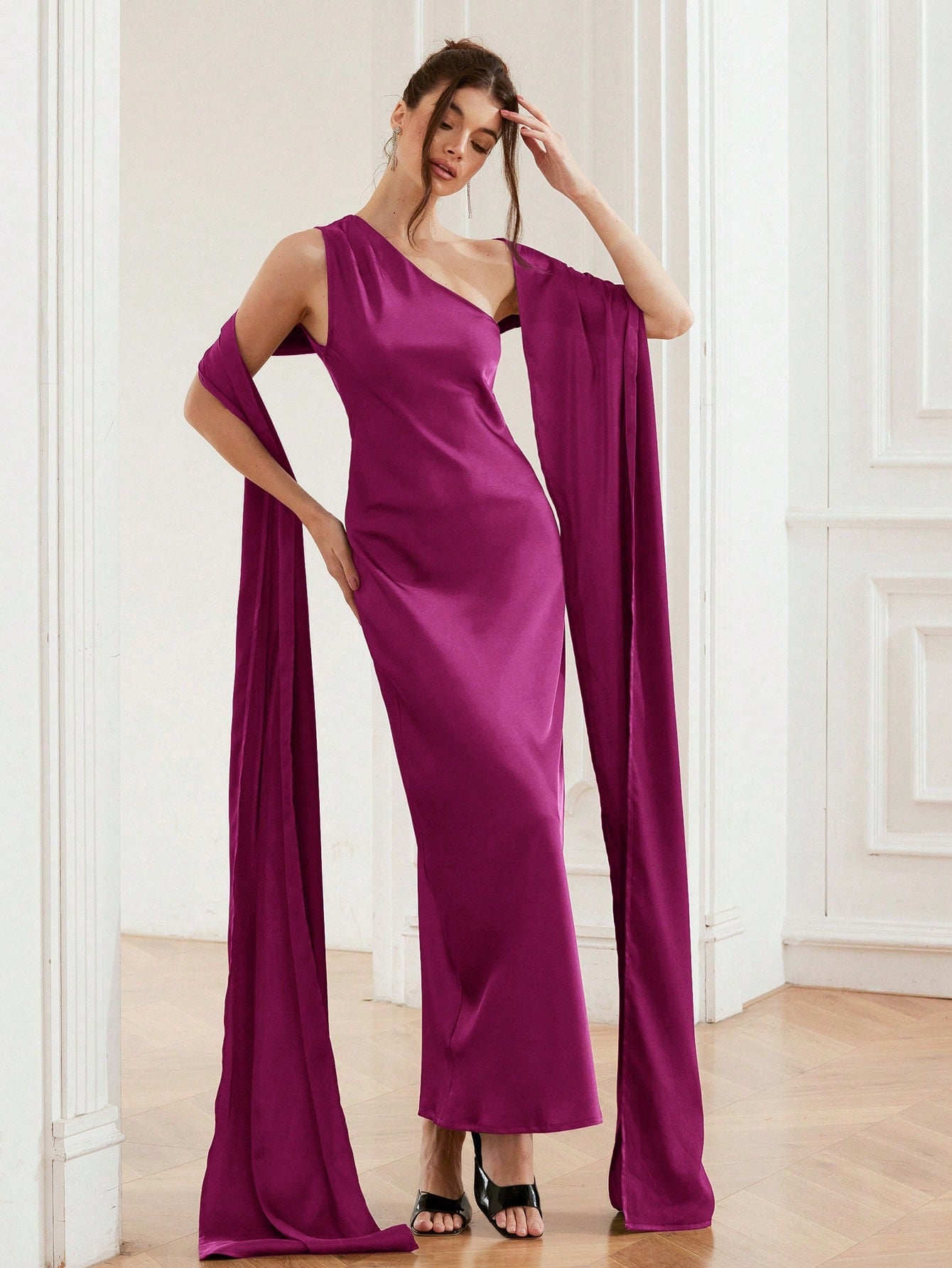 Satin Wrap Collar Sleeveless Oblique Shoulder Dress for Spring and Summer Occasions