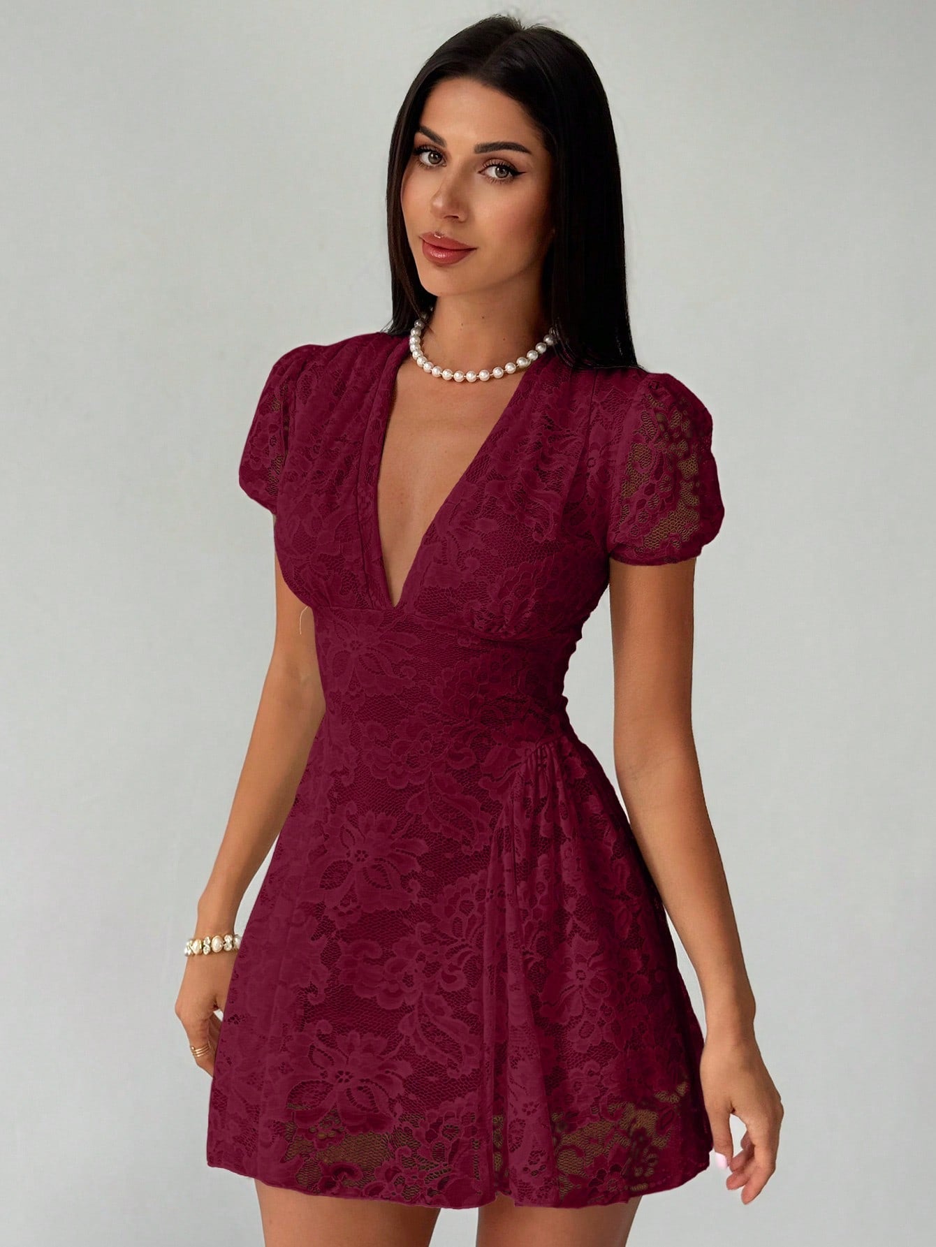 Women’s Woven Fabric Mini Dress, V-Neck Design with Puff Sleeve and Lace Detail, 1 Piece, For Spring and Summer Wear