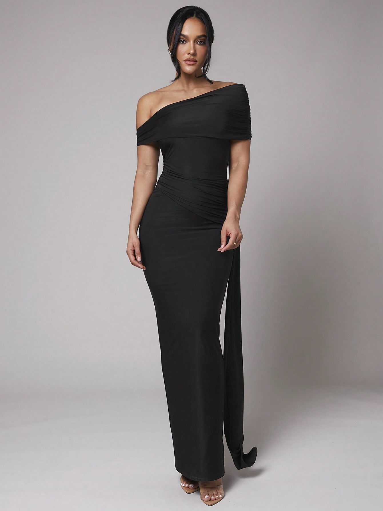 Black Long Asymmetric Ruched Chiffon Maxi Dress for Casual, Formal, Vacation, and Evening Occasions