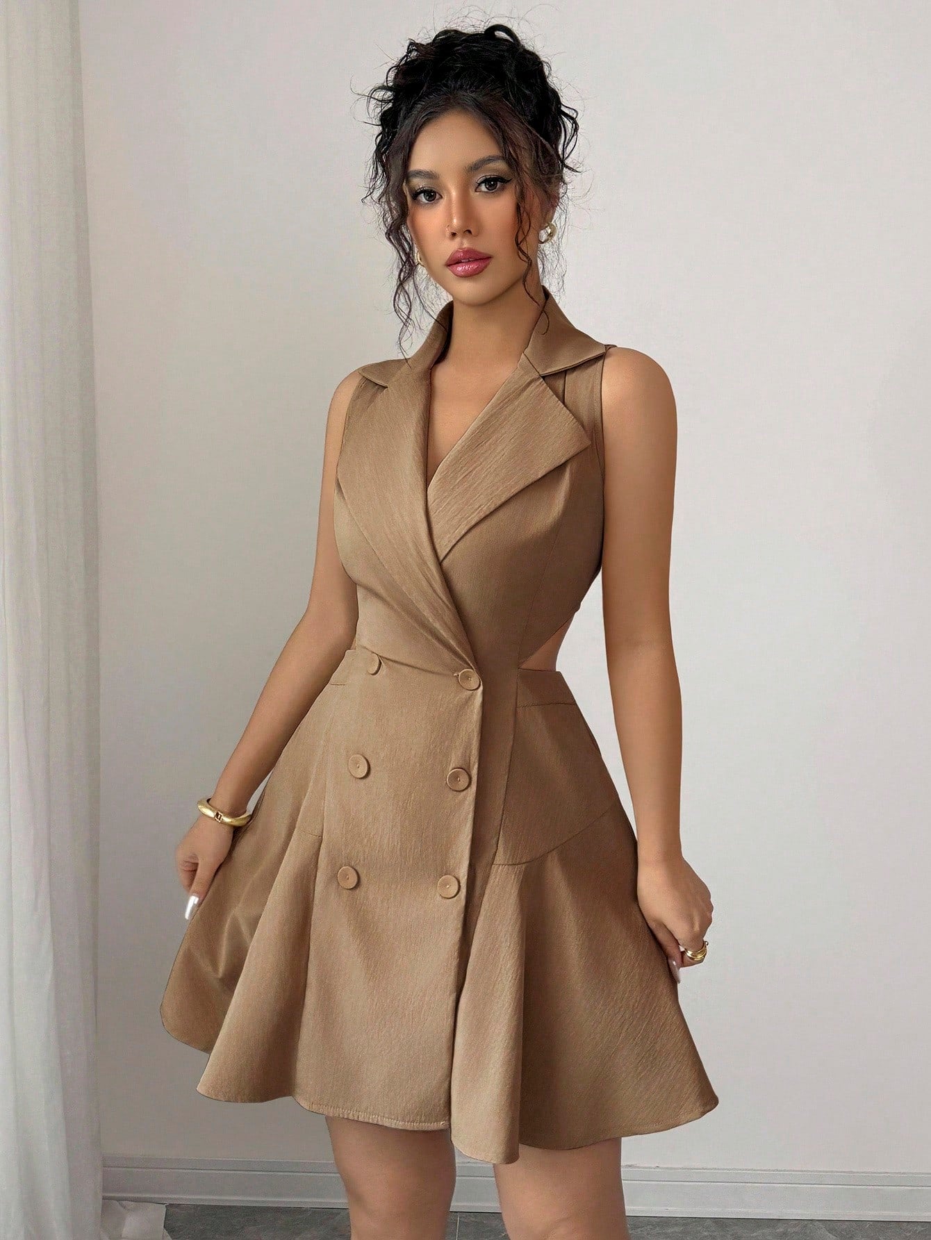 Women’s Woven Fabric Sleeveless Dress, Double Breasted Design, Solid Pattern, 1 Piece, For Commuting and Daily Wear