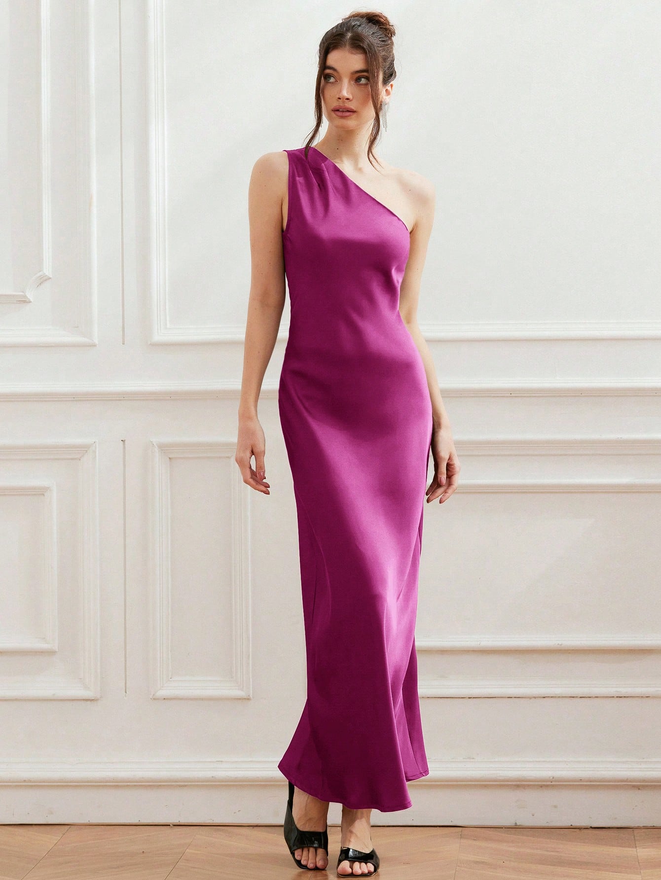 Satin Wrap Collar Sleeveless Oblique Shoulder Dress for Spring and Summer Occasions