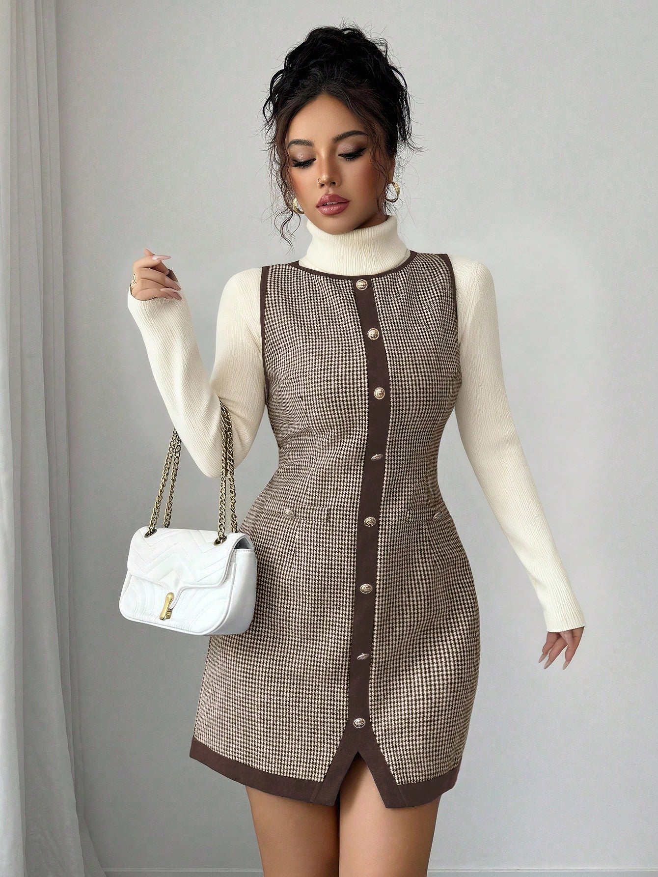 Women’s Wool-Blend Fabric Sleeveless Dress, Round Neck Patchwork Design, 1 Piece, For Office and Daily Wear