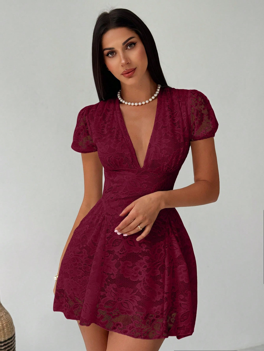 Women’s Woven Fabric Mini Dress, V-Neck Design with Puff Sleeve and Lace Detail, 1 Piece, For Spring and Summer Wear