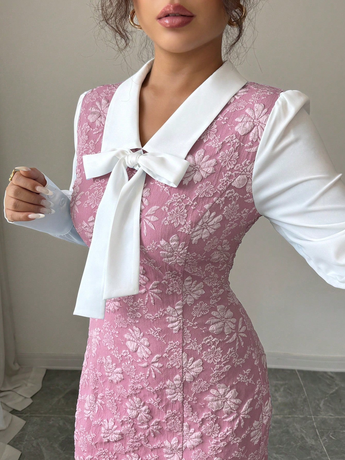 Women’s Woven Fabric Dress, Color Block Patchwork Design with Bow Detail, 2 In 1 Style, 1 Piece, For Daily Wear