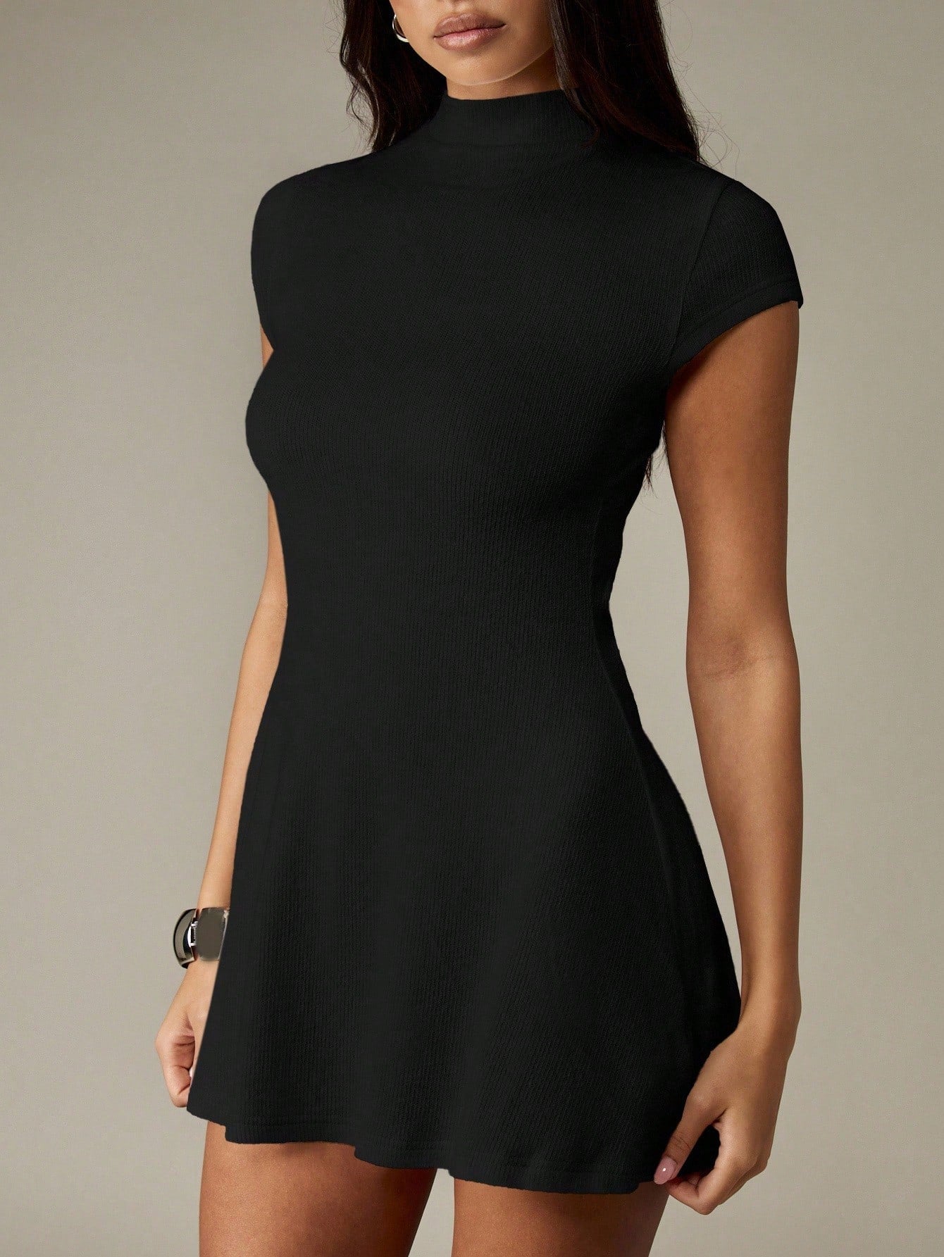 Women’s Knit Fabric Mini Dress, Ribbed Texture, Crew Neck Short Sleeve Design, 1 Piece, For Autumn and Winter Wear