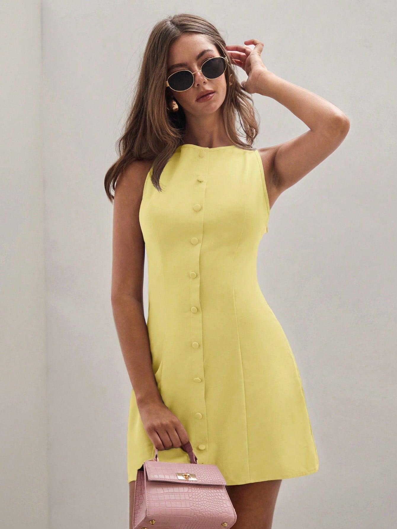 Women’s Woven Fabric Sleeveless Mini Dress, Round Neck Button Front Design, Solid Pattern, 1 Piece, For Summer Wear