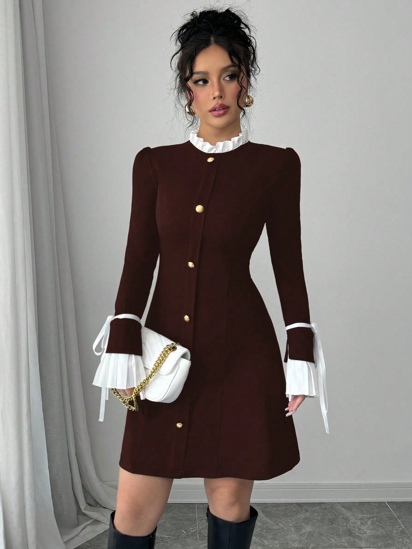 Women’s Woven Fabric Long Sleeve Dress, Collar and Cuff Splicing Detail with Bow Accent, 1 Piece, For Cooler Season Wear