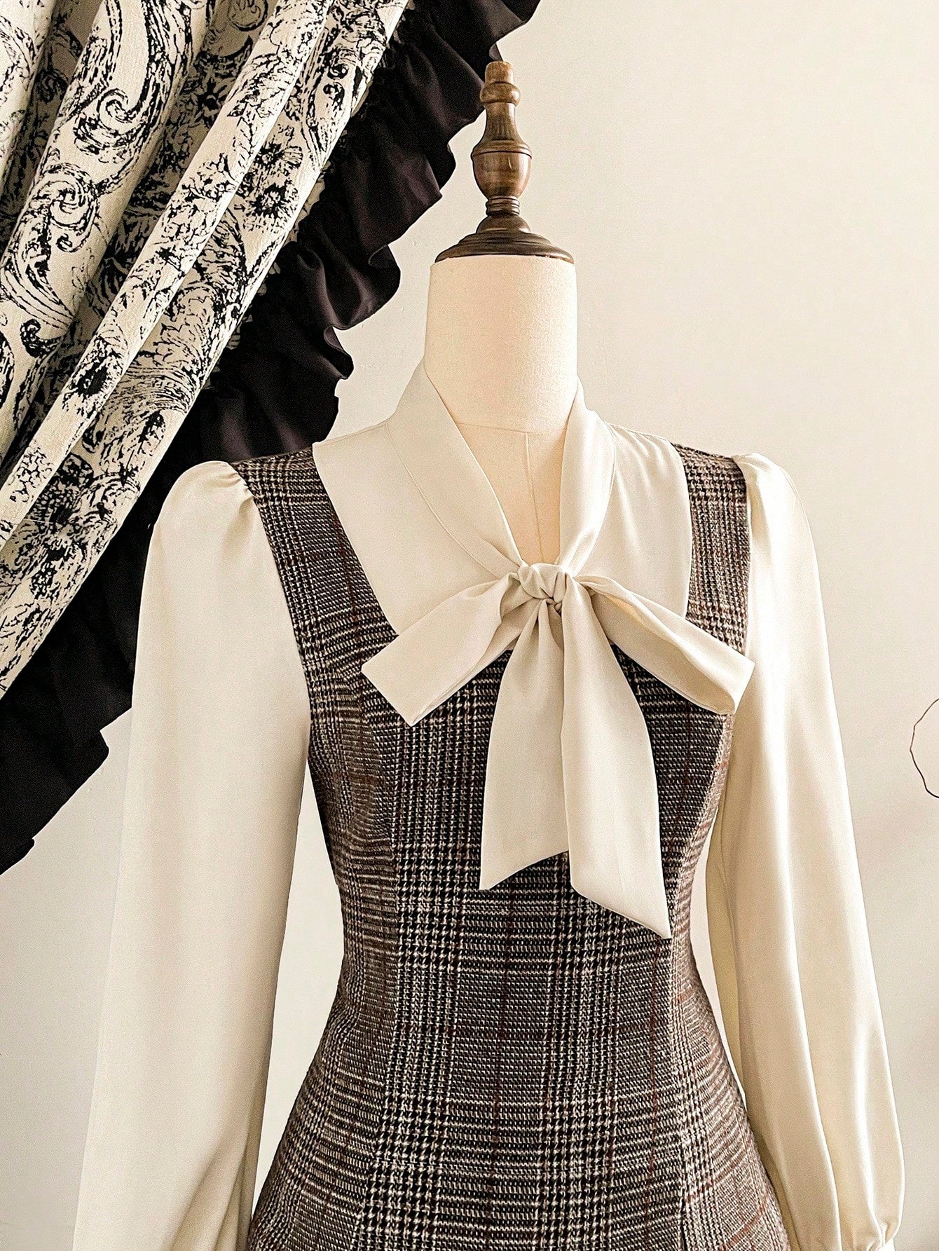 Women’s Woven Fabric Dress, Long Sleeve Collar Design, Plaid Pattern, 2 In 1 Style, 1 Piece, For Autumn and Winter Wear