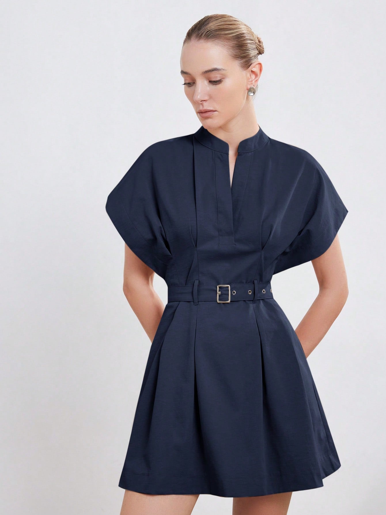 Women’s Woven Fabric A-Line Dress, Stand Collar Round Neck Design, Cap Sleeve Style with Ruched Detail and Belt, 1 Piece, For Commuting and Daily Wear