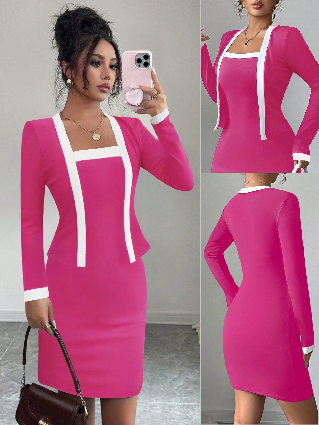 Women’s Woven Fabric Mini Dress, Long Sleeve Simple Design, 2 In 1 Style, 1 Piece, For Everyday Wear