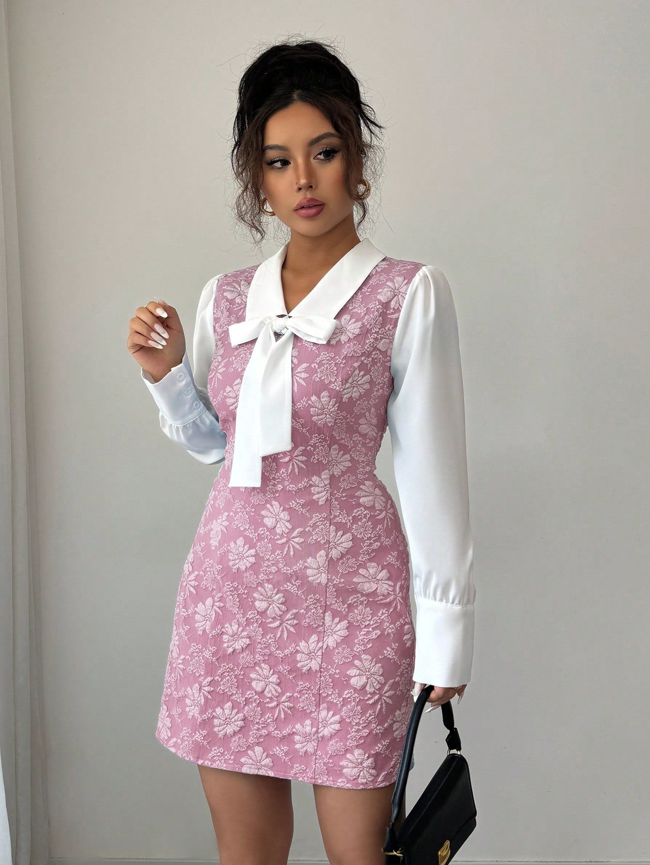 Women’s Woven Fabric Dress, Color Block Patchwork Design with Bow Detail, 2 In 1 Style, 1 Piece, For Daily Wear