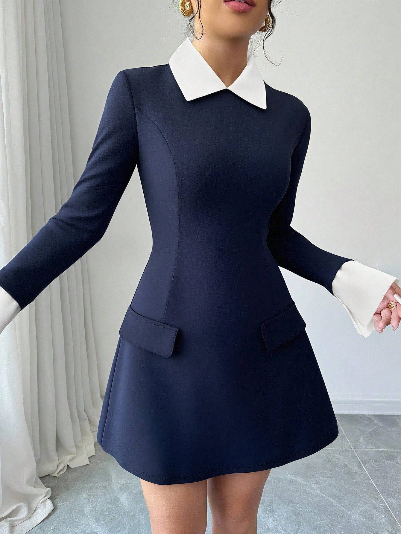 Women’s Woven Fabric Short Dress, Collared Long Sleeve Design with Cuff Detail and Faux Pocket, Color Block Pattern, 1 Piece, For Autumn Wear