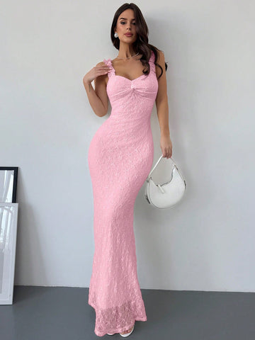 White Lace Ruffle Shoulder Strap Bodycon Long Dress for Daily, Date Night, Holiday, and Wedding Events