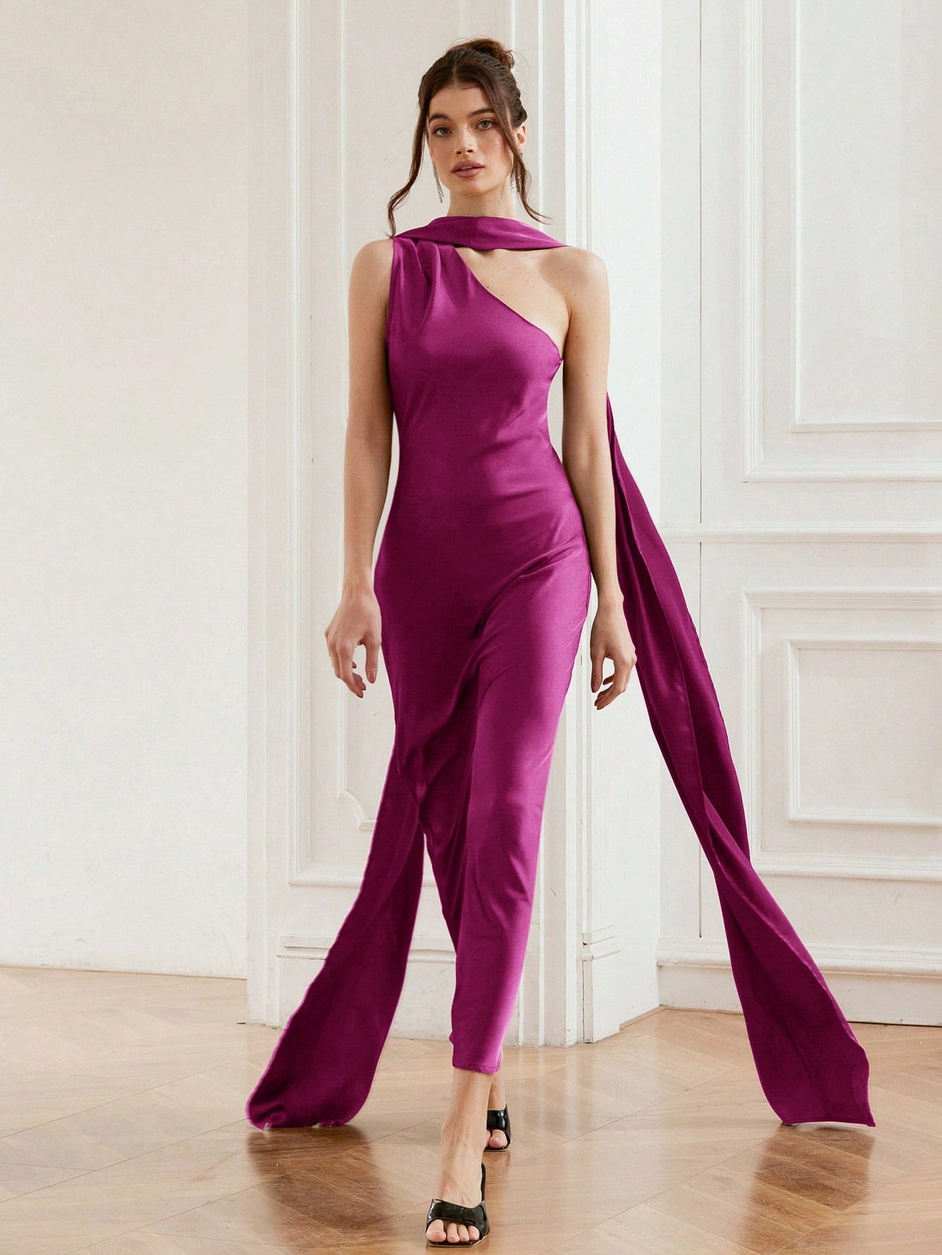 Satin Wrap Collar Sleeveless Oblique Shoulder Dress for Spring and Summer Occasions