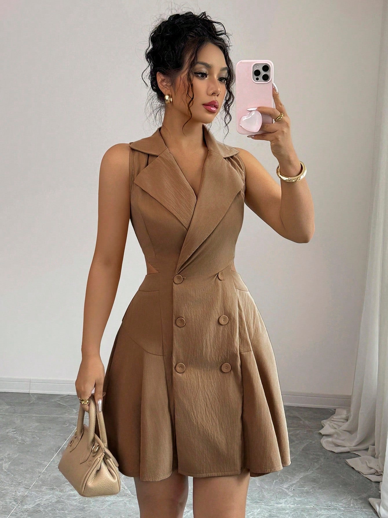 Women’s Woven Fabric Sleeveless Dress, Double Breasted Design, Solid Pattern, 1 Piece, For Commuting and Daily Wear