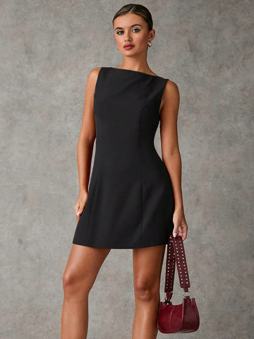Women’s Woven Fabric Sleeveless A-Line Mini Dress, Solid Pattern, 1 Piece, For Daily and Commuting Wear