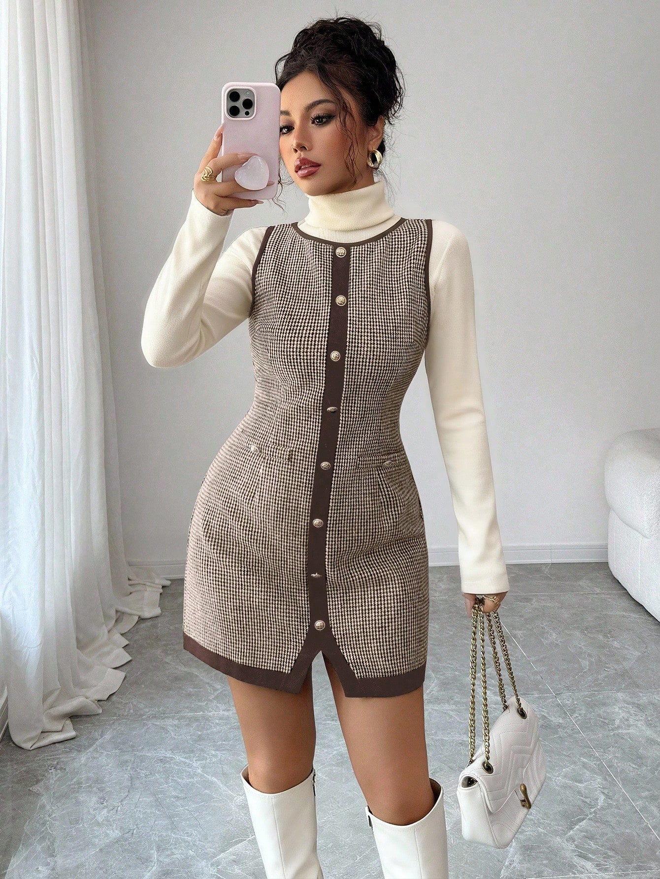 Women’s Wool-Blend Fabric Sleeveless Dress, Round Neck Patchwork Design, 1 Piece, For Office and Daily Wear