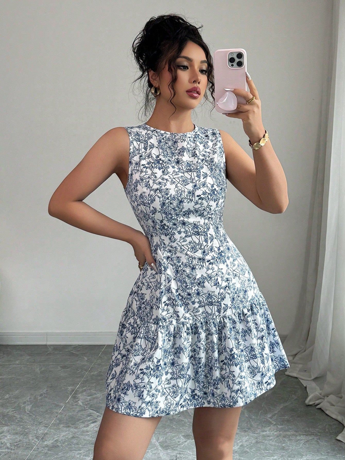 Women’s Woven Fabric Mini Dress, Sleeveless Design with Ruched Waist, Floral Print, 1 Piece, For Daily Wear