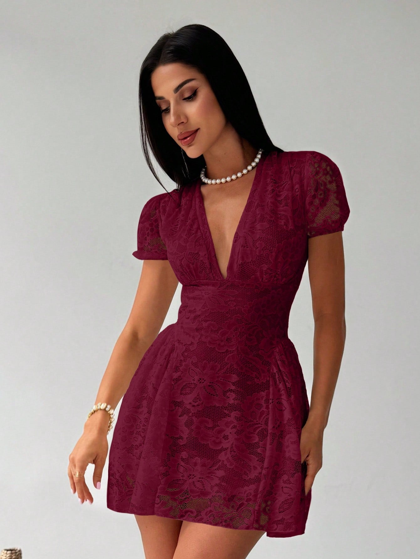 Women’s Woven Fabric Mini Dress, V-Neck Design with Puff Sleeve and Lace Detail, 1 Piece, For Spring and Summer Wear
