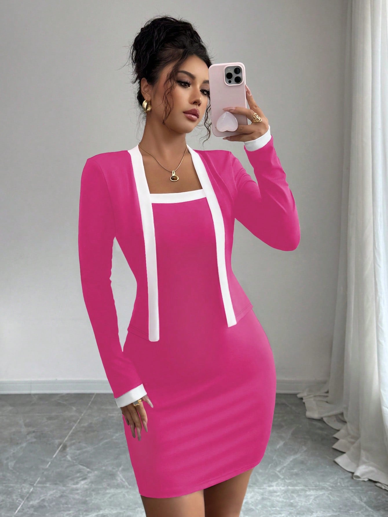 Women’s Woven Fabric Mini Dress, Long Sleeve Simple Design, 2 In 1 Style, 1 Piece, For Everyday Wear