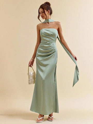 Green Halter Ribbon Backless High Slit Satin Mermaid Dress for Weddings and Special Events