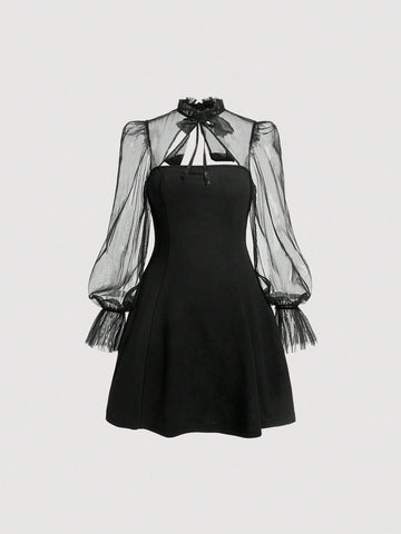 Black Long Sleeve Dress with Contrast Mesh Detail Flare Sleeves Tie Neck and High Collar Design