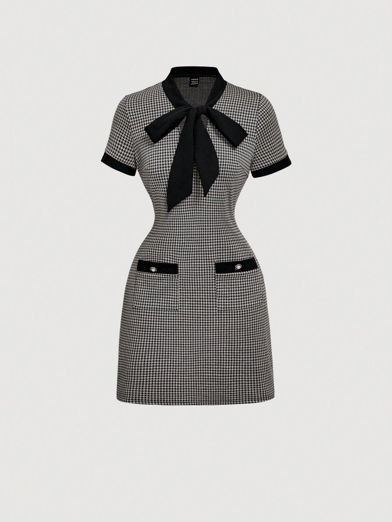 Plaid Pattern Mini Dress Black Color Single Piece Twist Collar Design For Casual Wear