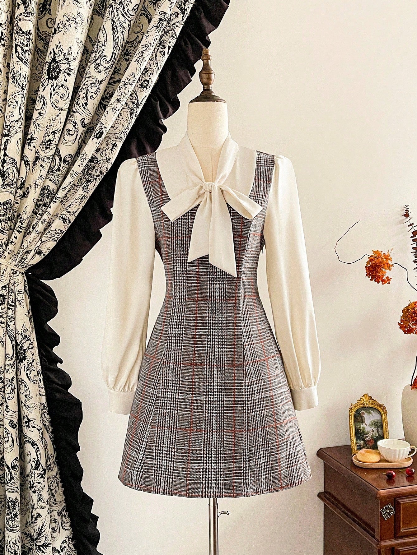 Women’s Woven Fabric Dress, Long Sleeve Collar Design, Plaid Pattern, 2 In 1 Style, 1 Piece, For Autumn and Winter Wear