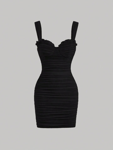 Solid Color Mini Dress Neutral Color Single Piece Ruched Detail Sleeveless Strap Design For Casual Wear