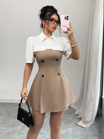 Women’s Woven Fabric Shirt-Style Dress, Short Sleeve Button Front Design, Color Block Detail, 2 In 1 Style, 1 Piece, For Daily Wear