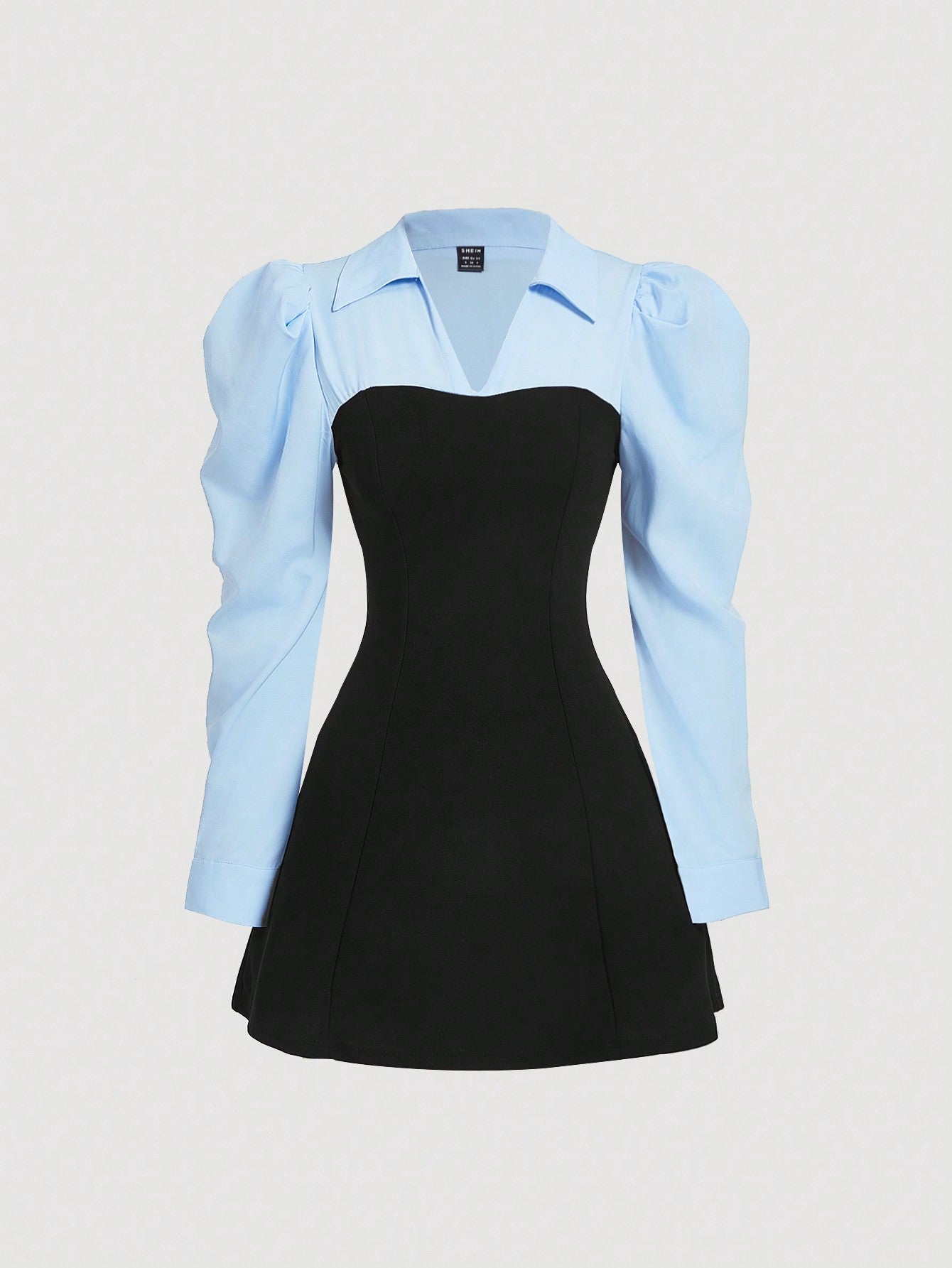 Black and Blue Color Block Shirt Dress with Puff Sleeves Short Length for Everyday Wear