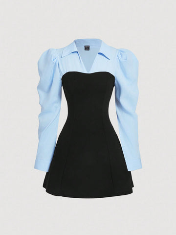 Black and Blue Color Block Shirt Dress with Puff Sleeves Short Length for Everyday Wear
