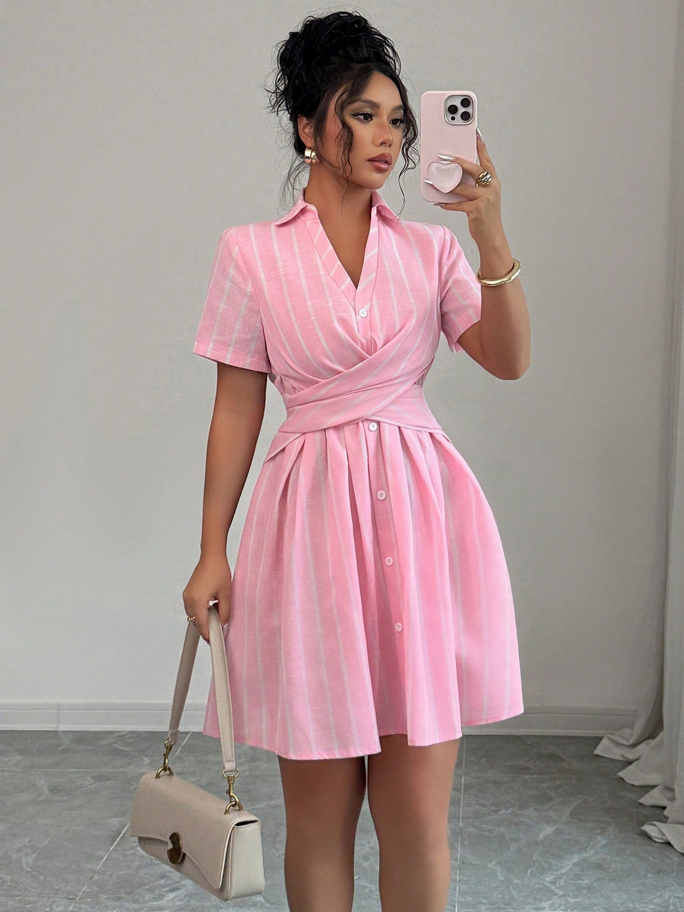 Women’s Woven Fabric Shirt-Style Dress, Short Sleeve Design with Tie Waist Detail, Striped Pattern, 1 Piece, For Summer Daily Wear