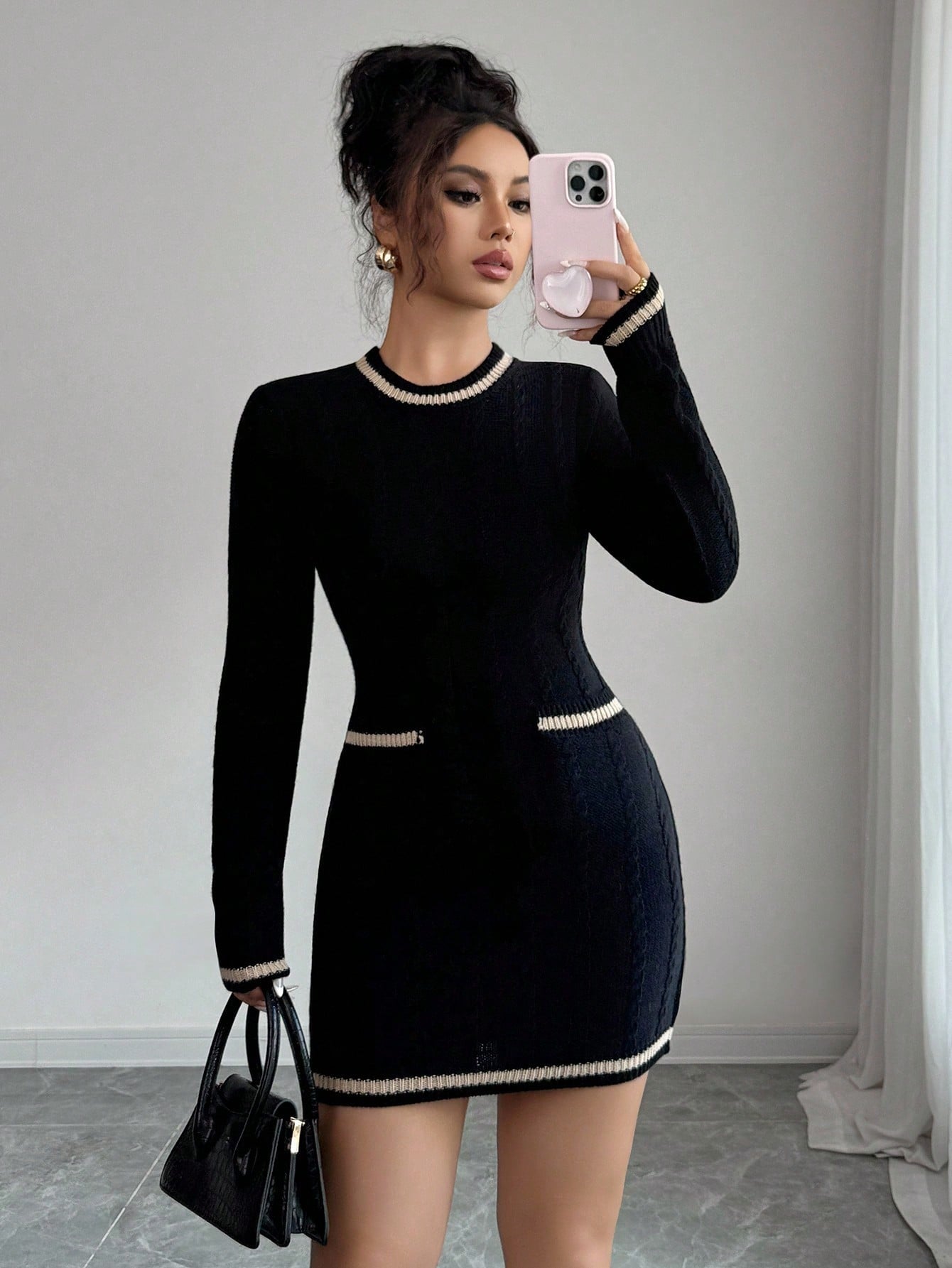 Women’s Knit Fabric Dress, Contrast Trim Design, Long Sleeve Style, 1 Piece, For Autumn and Winter Wear