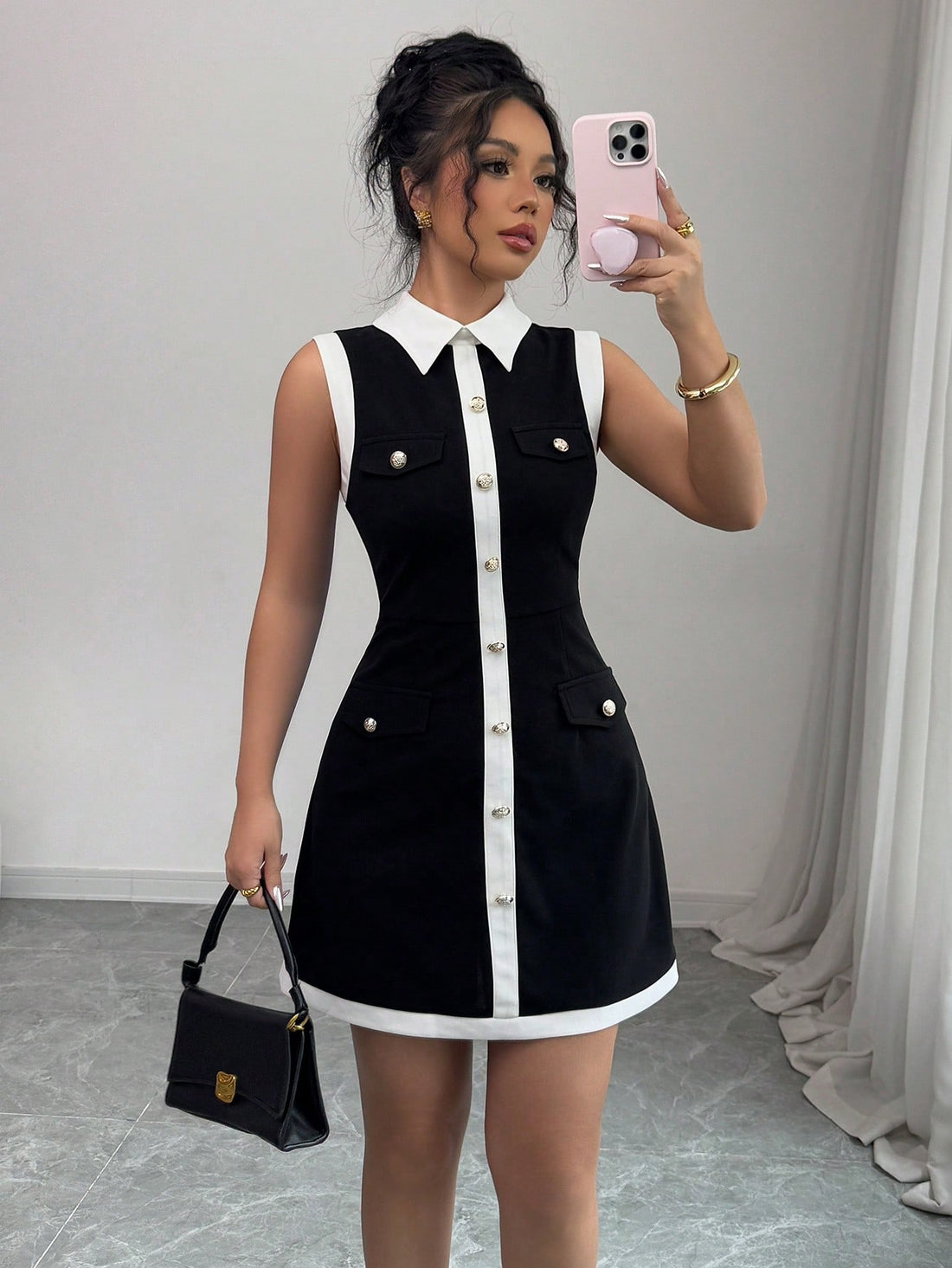 Women’s Woven Fabric Mini Dress, Collar Design with Button Decoration, 1 Piece, For Spring and Summer Wear