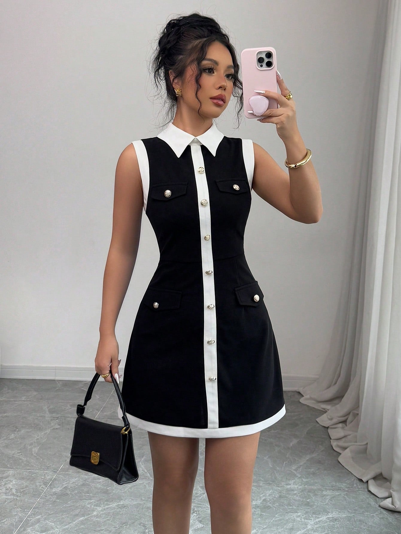 Women’s Woven Fabric Mini Dress, Collar Design with Button Decoration, 1 Piece, For Spring and Summer Wear