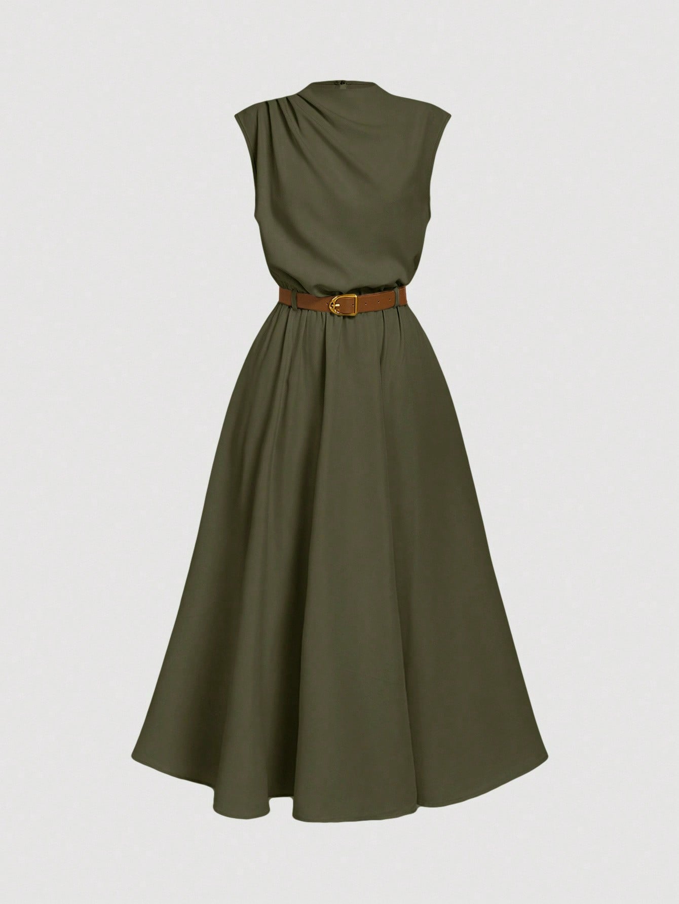 Solid Color Sleeveless Dress with Belt Olive Green for Everyday Wear