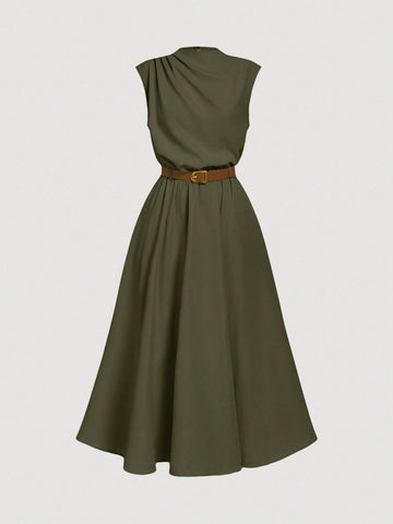 Solid Color Sleeveless Dress with Belt Olive Green for Everyday Wear