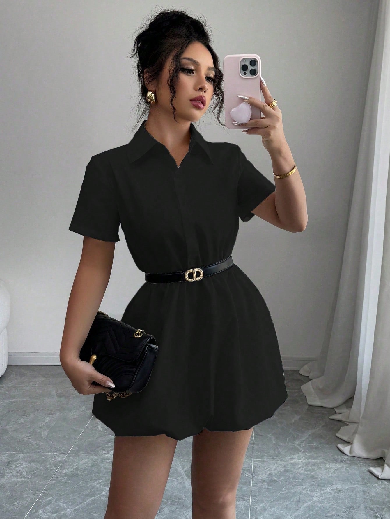 Women’s Woven Fabric Shirt-Style Mini Dress, Short Sleeve Design, Solid Pattern, 1 Piece, For Casual Wear