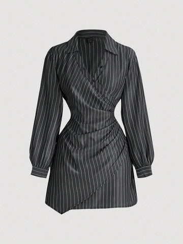 Women’s Woven Fabric Long Sleeve Dress, Stripe Print Cross-Wrap Design with Ruffle Detail, 1 Piece, For Daily and Work Wear