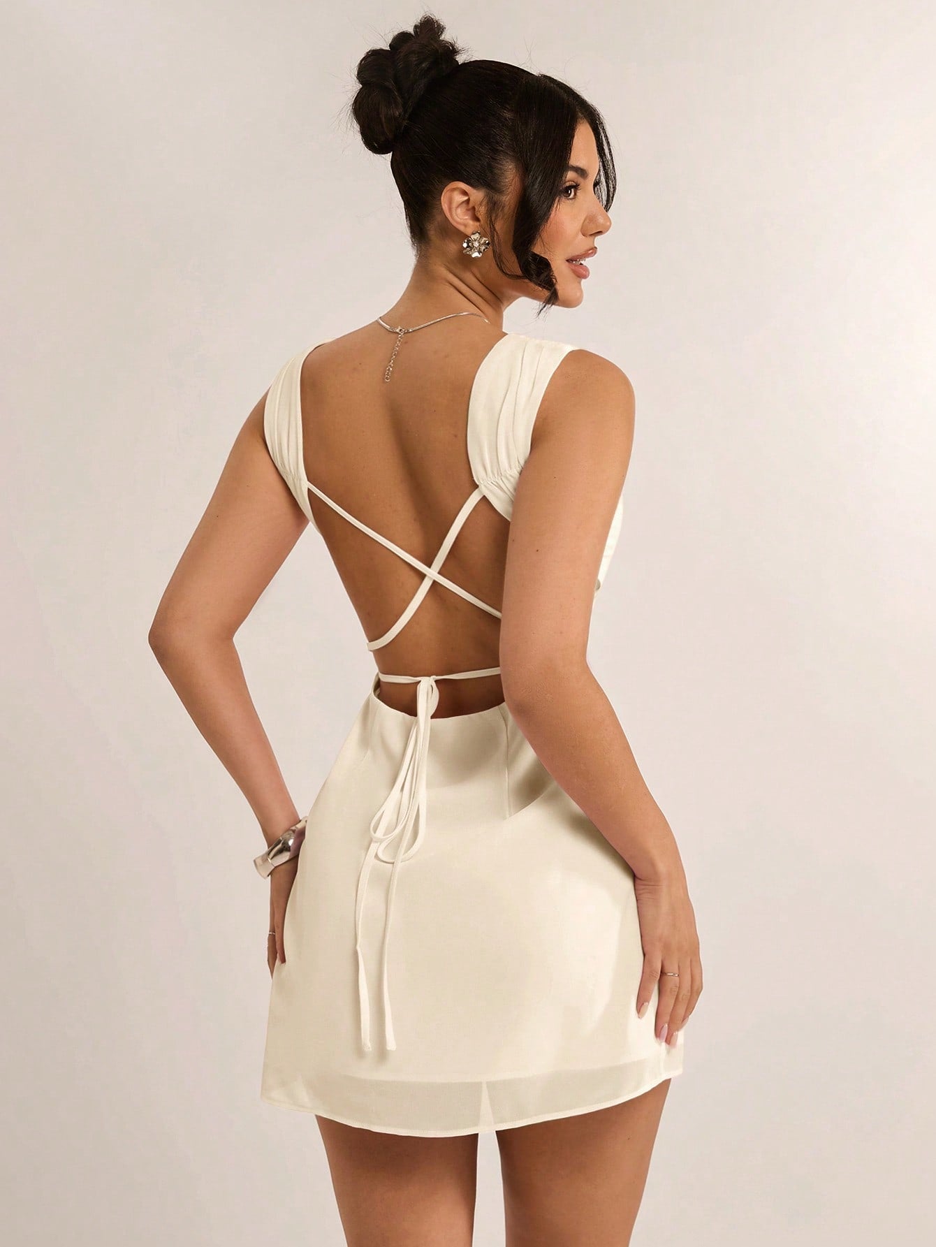 Light Pink Square Neck Cross Strap Mini Dress for Daily and Casual Occasions