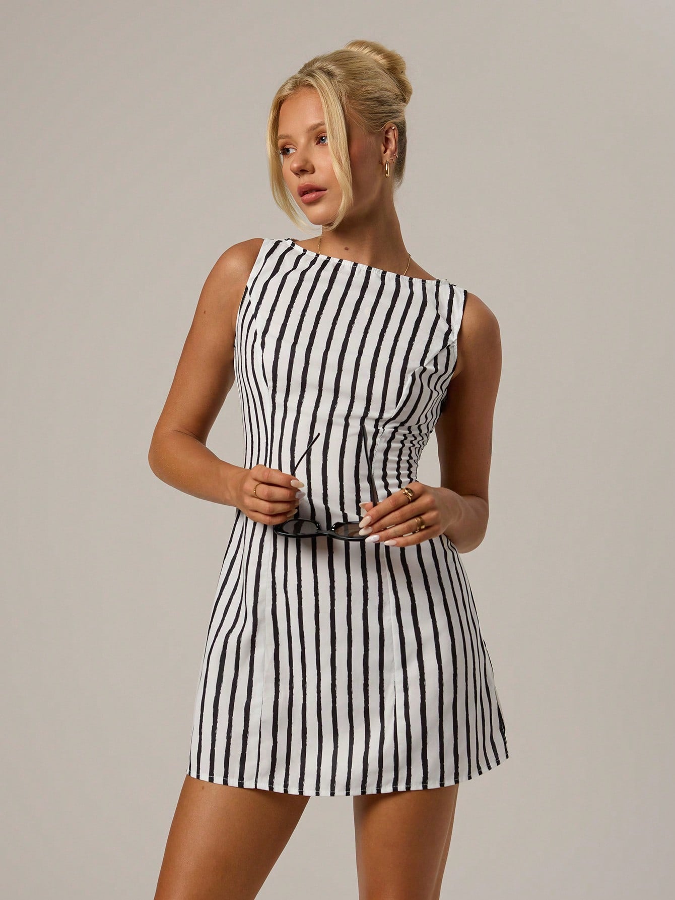 Women’s Woven Fabric A-Line Mini Dress, Striped Pattern Design, 1 Piece, For Everyday Wear