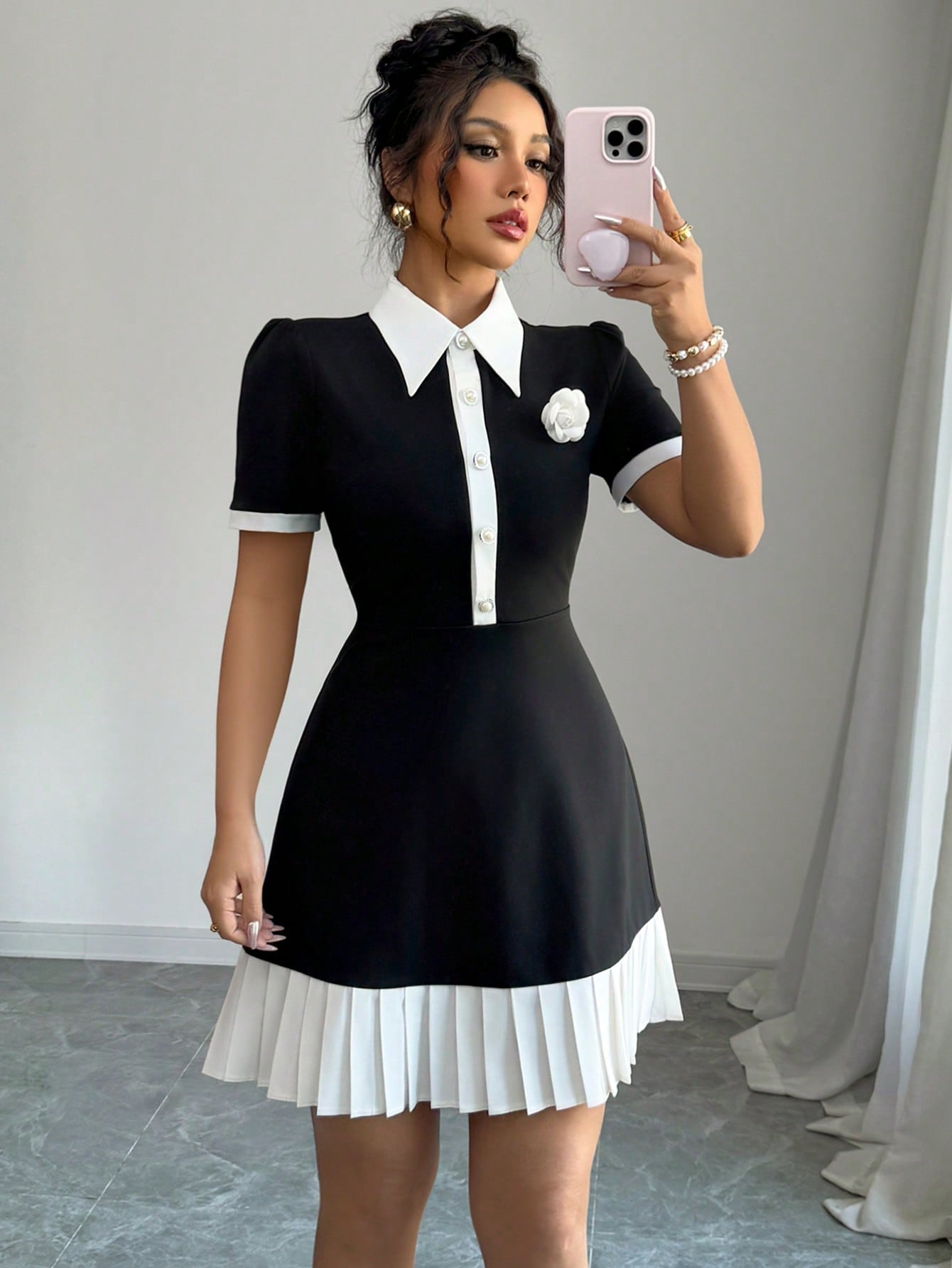 Women’s Woven Fabric Mini Dress, Half-Open Collar Design with Decorative Floral Detail, 1 Piece, For Everyday Wear