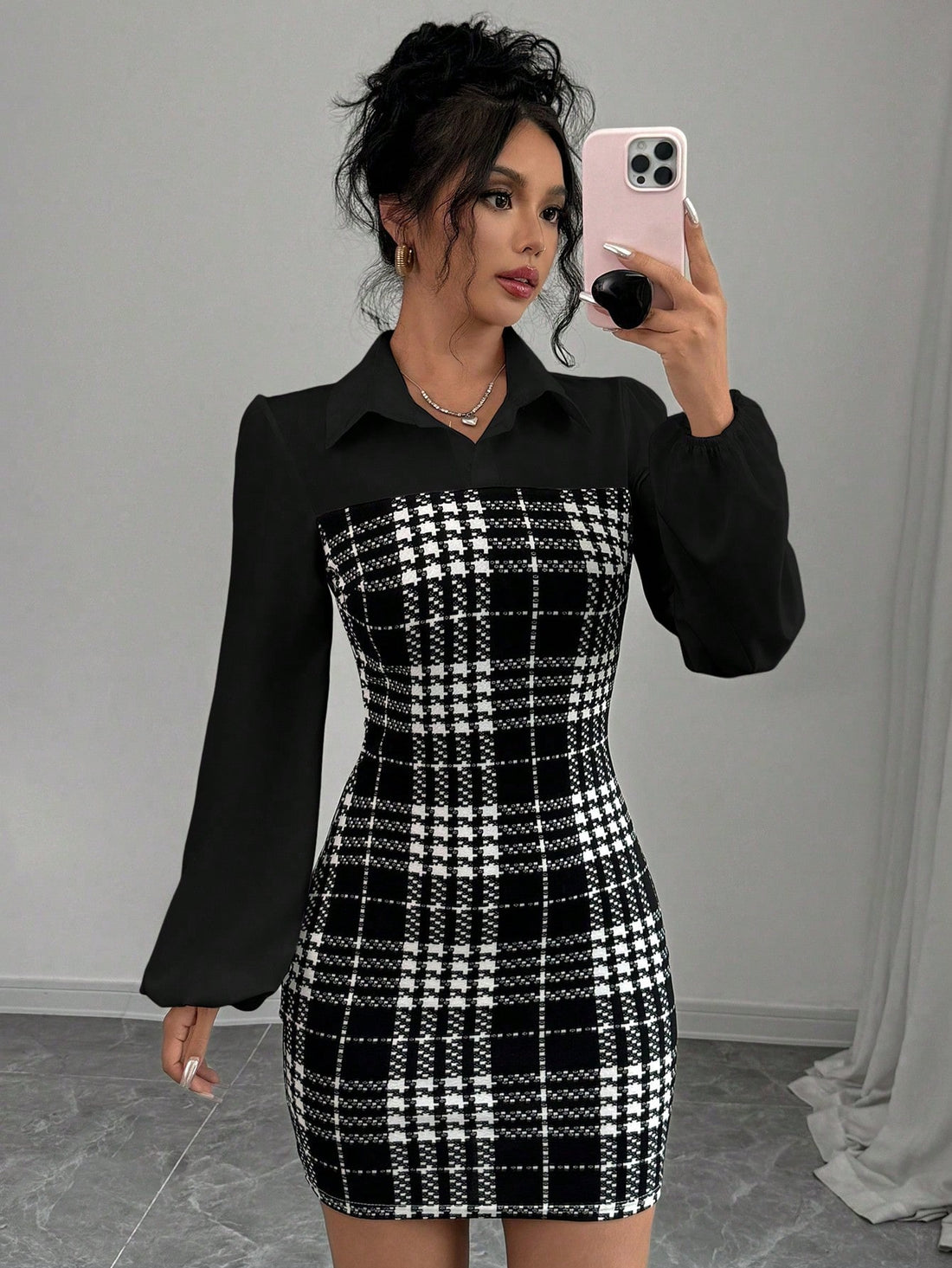Women’s Woven Fabric Long Sleeve Dress, Collared Patchwork Design, Lantern Sleeve Style, Houndstooth Pattern, 1 Piece, For Autumn and Winter Wear