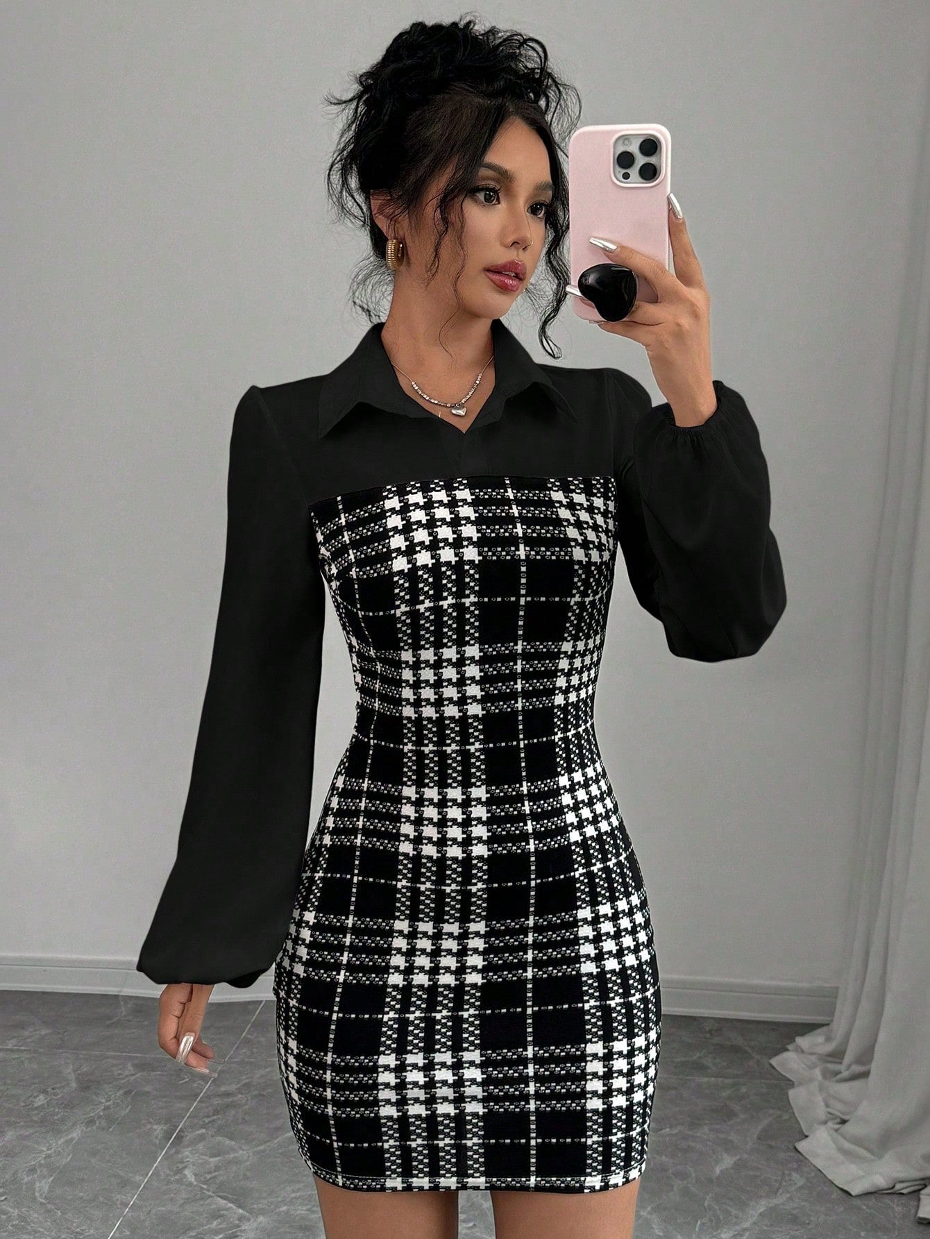 Women’s Woven Fabric Long Sleeve Dress, Collared Patchwork Design, Lantern Sleeve Style, Houndstooth Pattern, 1 Piece, For Autumn and Winter Wear