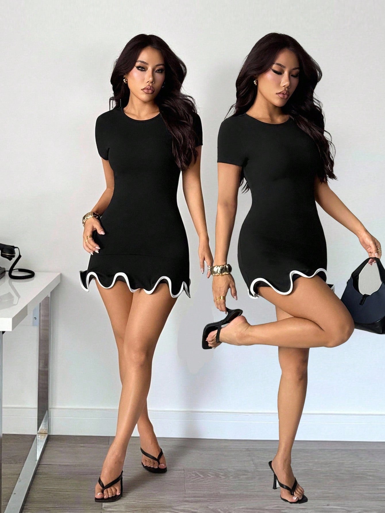 Women’s Knit Fabric Mini Dress, Round Neck Design with Ruffle Hem Detail, 1 Piece, For Daily Wear