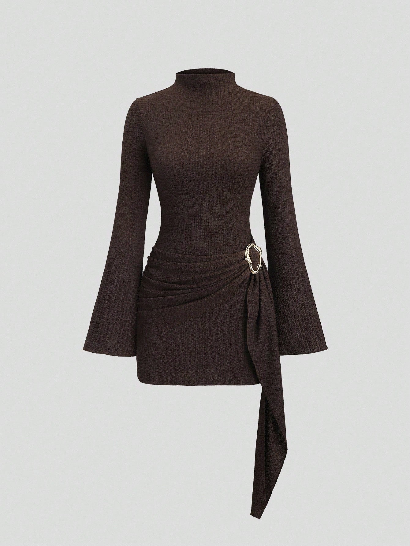 Solid Color Dress Neutral Color Single Piece Flare Sleeve Waist Detail Design For General Occasions