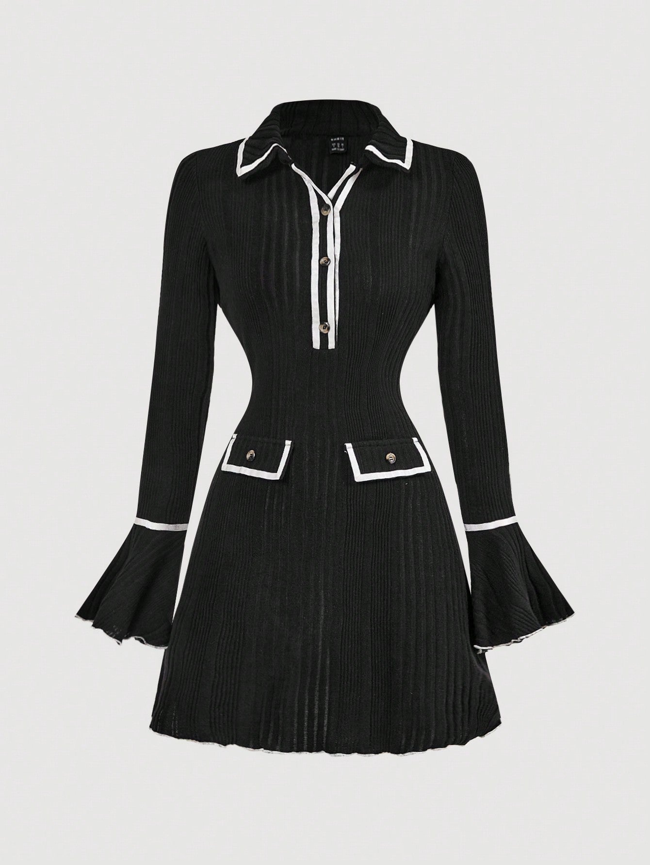 Women’s Woven Fabric Dress, Blouse Collar Design, Bell Sleeve Detail, 1 Piece, For Cooler Season Wear