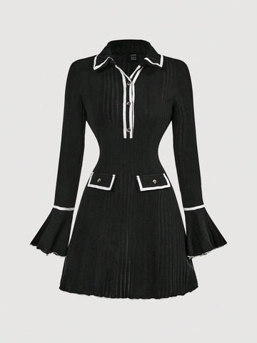 Women’s Woven Fabric Dress, Blouse Collar Design, Bell Sleeve Detail, 1 Piece, For Cooler Season Wear